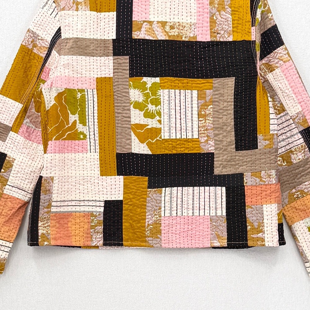 Ssōne Kantha Jacket Women 14 Yellow Cream Boho Quilted Patchwork Chore Button Up - Picture 8 of 13